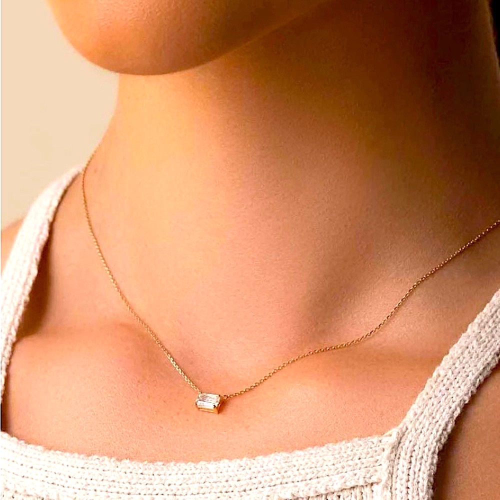 NEW Minimalist Gold Necklace with Simulated‎ Diamond Emerald Cut Pendant, 16-18”